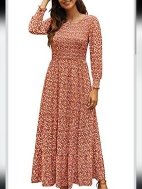 Annebouti Long Sleeve Midi Smocked Floral Print Rayon Auburn Peasant Dress Sz L